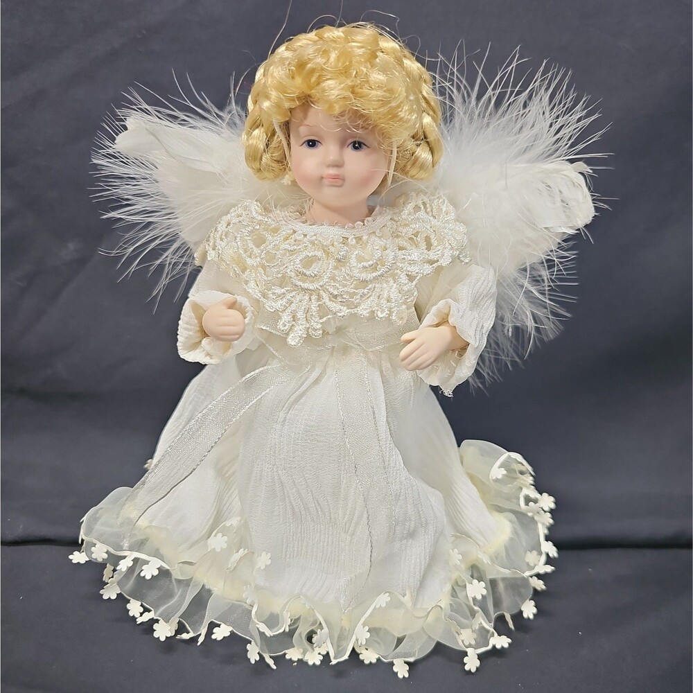 Vintage 90s Porcelain Angel Christmas Tree Topper Feather Wings White Lace Gown